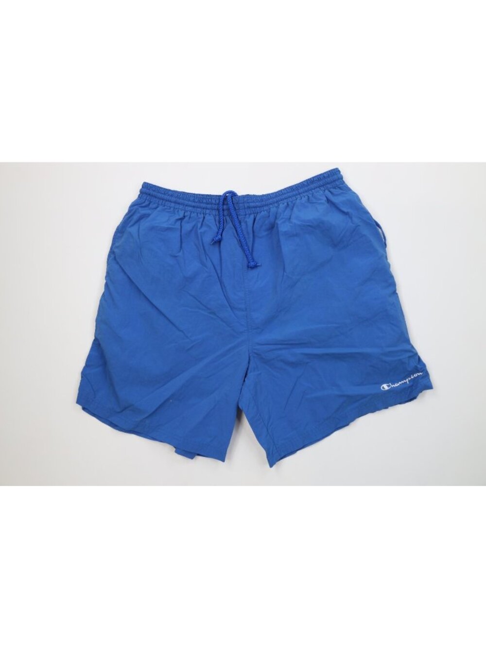 Vintage 90s Champion Mens XL Spell Out Lined Above Knee Shorts Swim Trunks Blue
